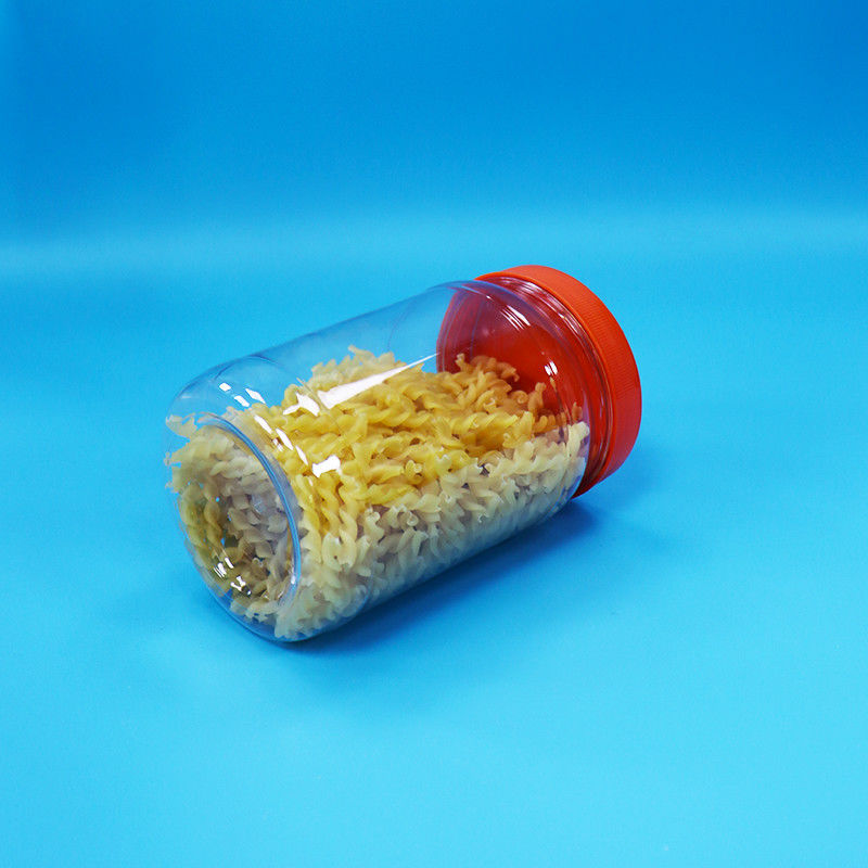 Pot de conditionnement rond en plastique transparent PET pour aliments, bonbons et noix, avec bouchon à vis rouge