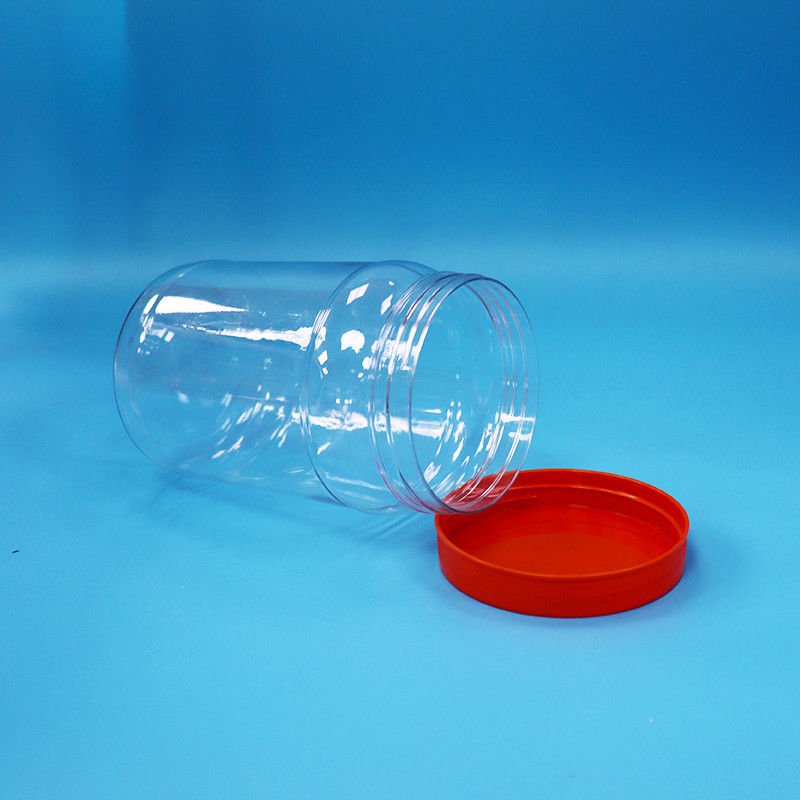 Pot de conditionnement rond en plastique transparent PET pour aliments, bonbons et noix, avec bouchon à vis rouge