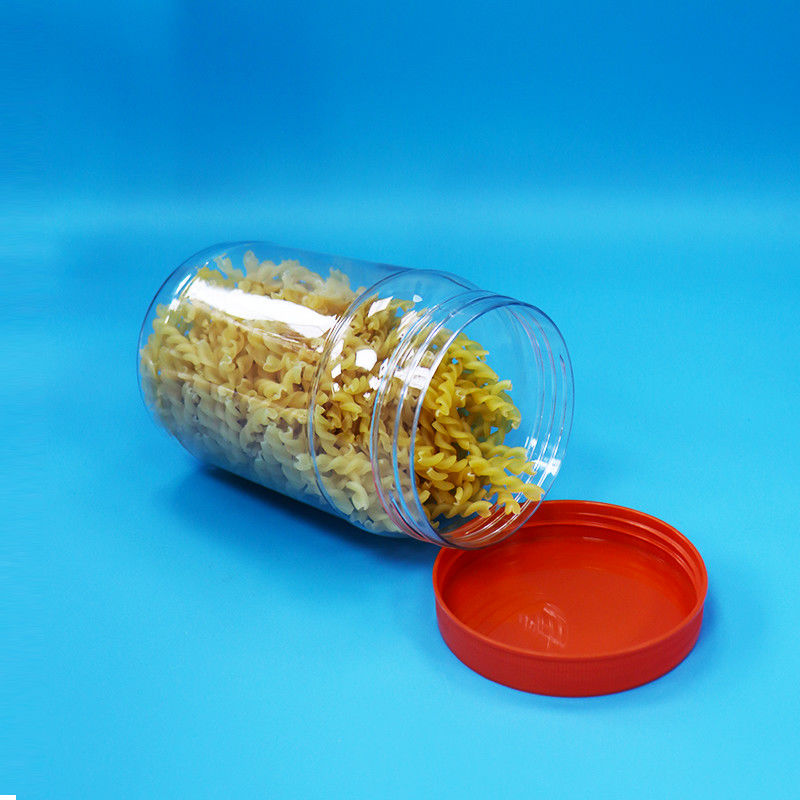 Pot de conditionnement rond en plastique transparent PET pour aliments, bonbons et noix, avec bouchon à vis rouge