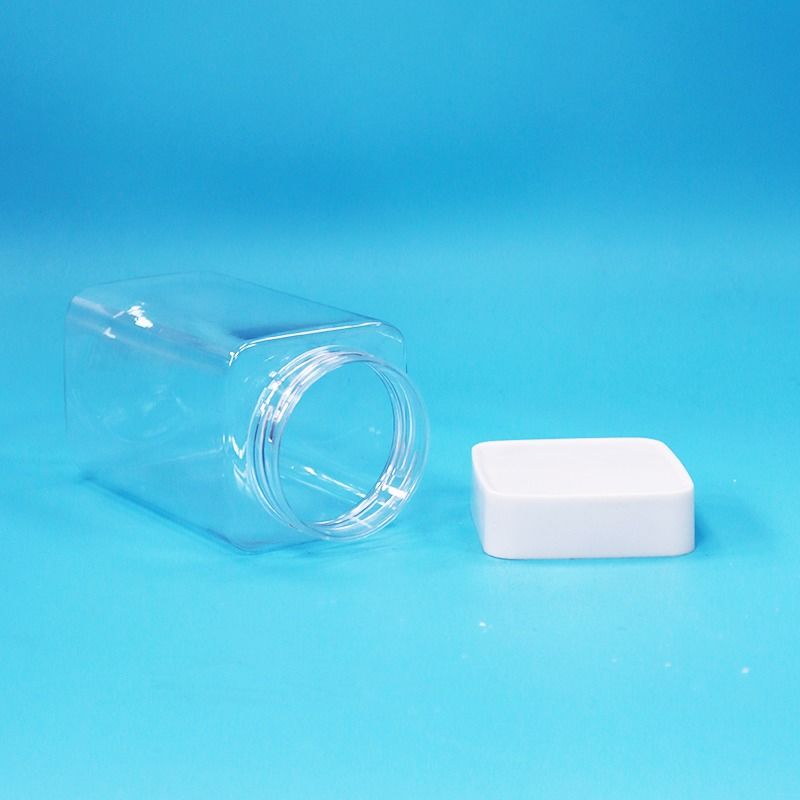 Produits alimentaires transparents carrés vides en PET plastique alimentaire bonbons biscuits confiture bocal couvercle blanc