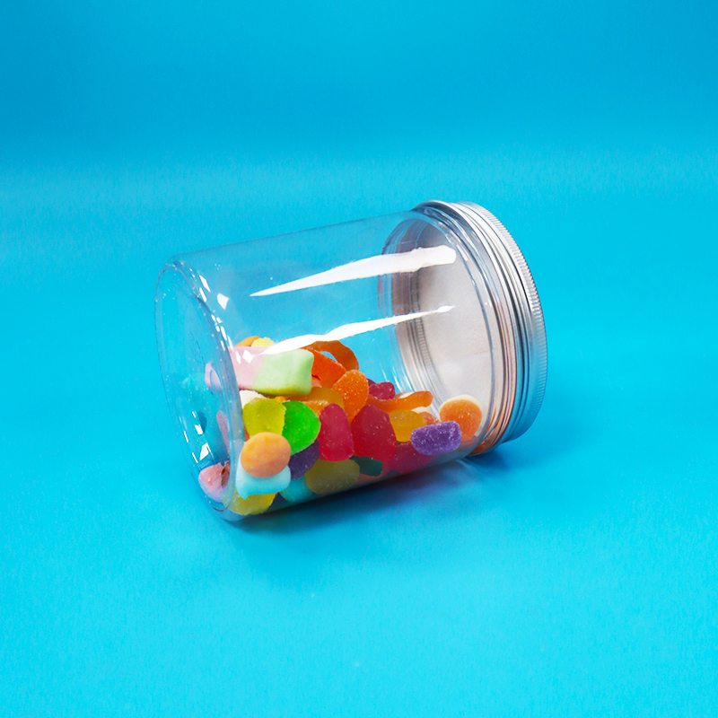 Large bouche ronde plastique transparent PET de qualité alimentaire bonbons sucrés bocal d'emballage en aluminium couvercle