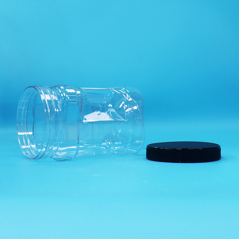 Pot en plastique PET carré avec poignée pour aliments secs et fruits, couvercle plat noir transparent, qualité alimentaire