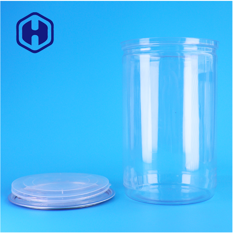 Ronde PET boîte en plastique clair avec couvercle en aluminium épices sucre poudre de protéines facile à verser