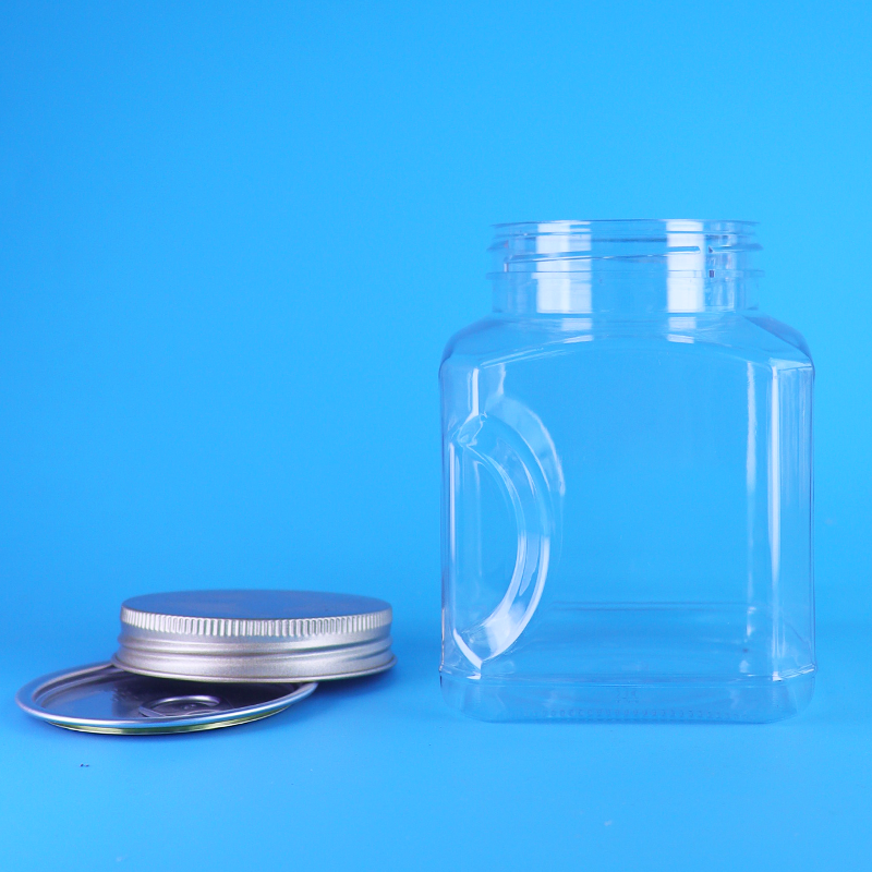 Pot à biscuits en plastique carré personnalisé de qualité alimentaire PET transparent avec couvercle à vis en aluminium en gros