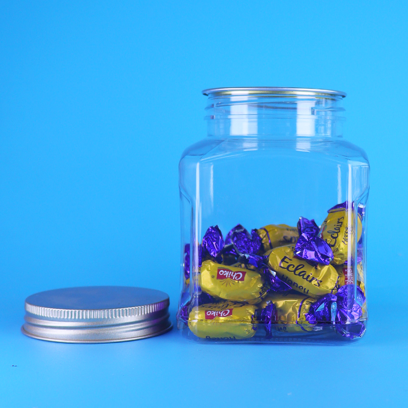 Pot à biscuits en plastique carré personnalisé de qualité alimentaire PET transparent avec couvercle à vis en aluminium en gros